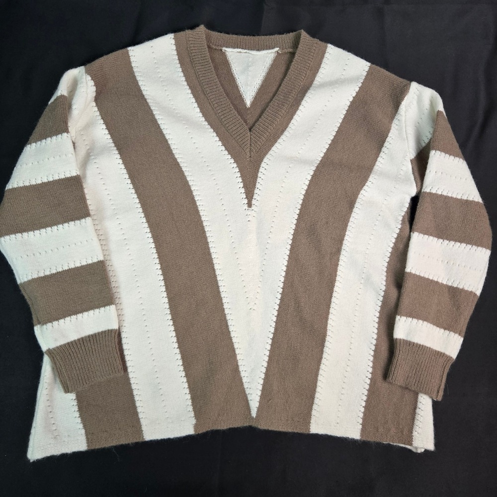 Brown White Striped V Neck‎ Long Sleeve Patchwork Knit Sweater Women's Small